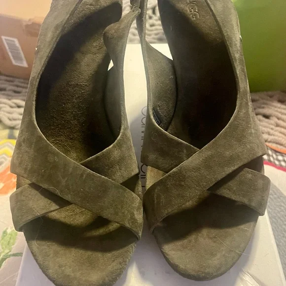 UGG GREEN SLINGBACK OPEN TOE SUEDE WEDGES - Picture 6 of 7